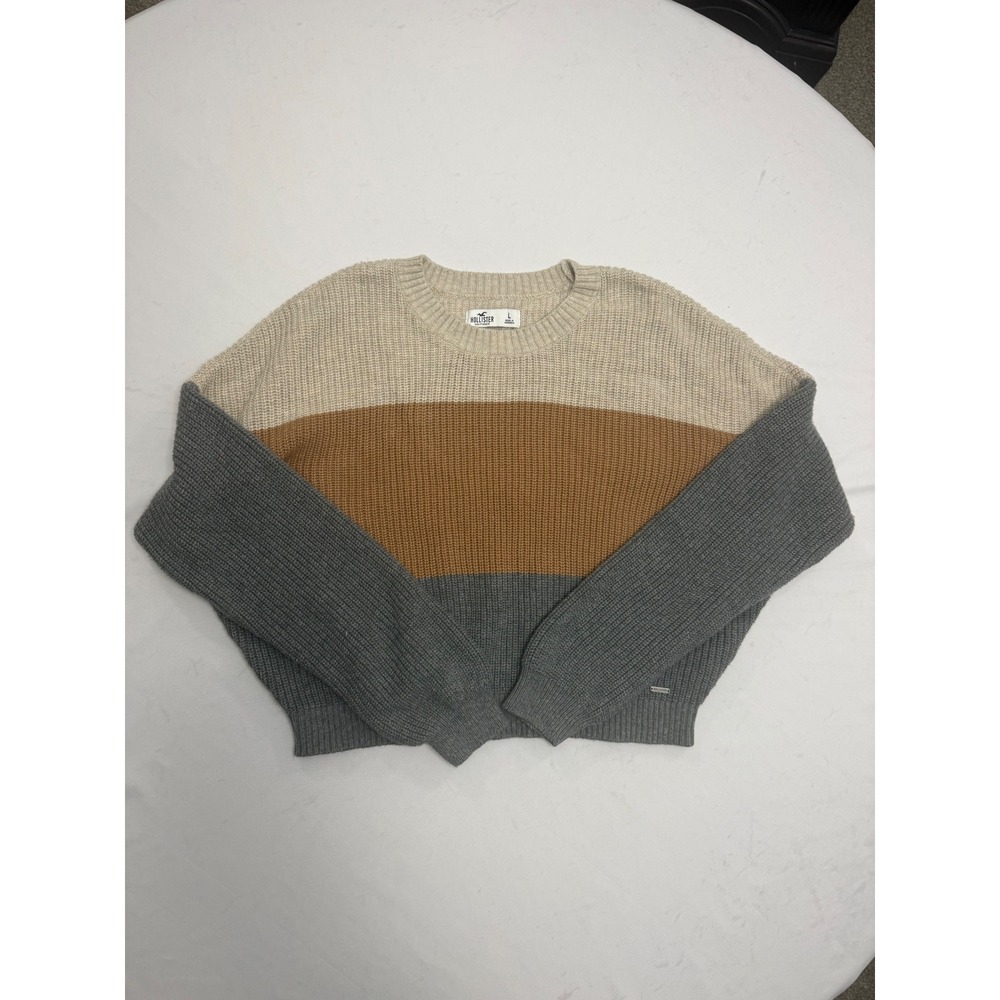 Hollister Womens Shaker Knit Colorblock Sweater Cream Tan Grey Crewneck Large